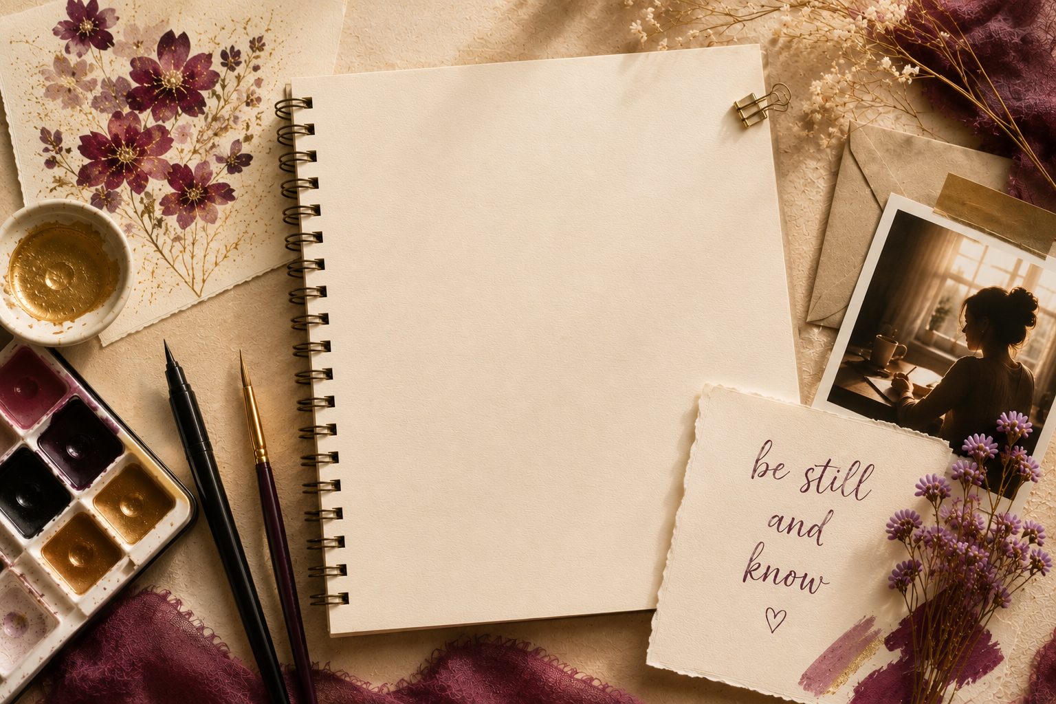 Susan writing a letter, calligraphy tools, pressed flowers